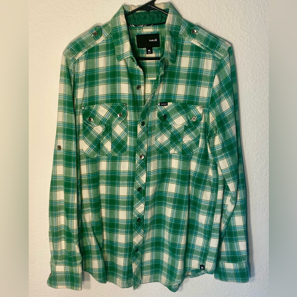 Hurley Green/White Plaid Button-Down Shirt, Size M